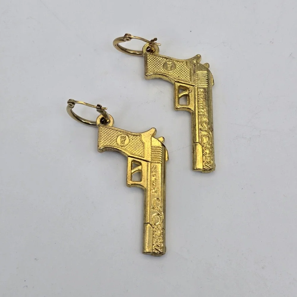 Vintage Gold Tone Pistol Gun Dangle Earrings Novelty Statement Western Cowgirl